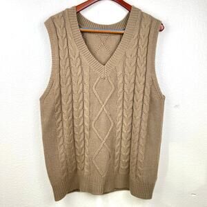 Mens Sweater Vest Sz L Oversized V Neck Cable Knit Indie Grunge Preppy Fisherman